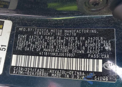 2018 Toyota Camry Le z USA, uszkodzony, nr VIN 4T1B11HK0JU619897